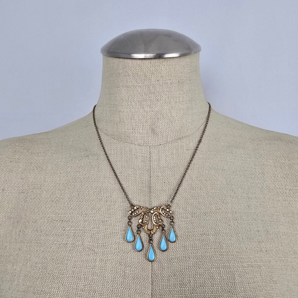 Vintage Gold Tone Turquoise Drop Statement Necklace Boho
